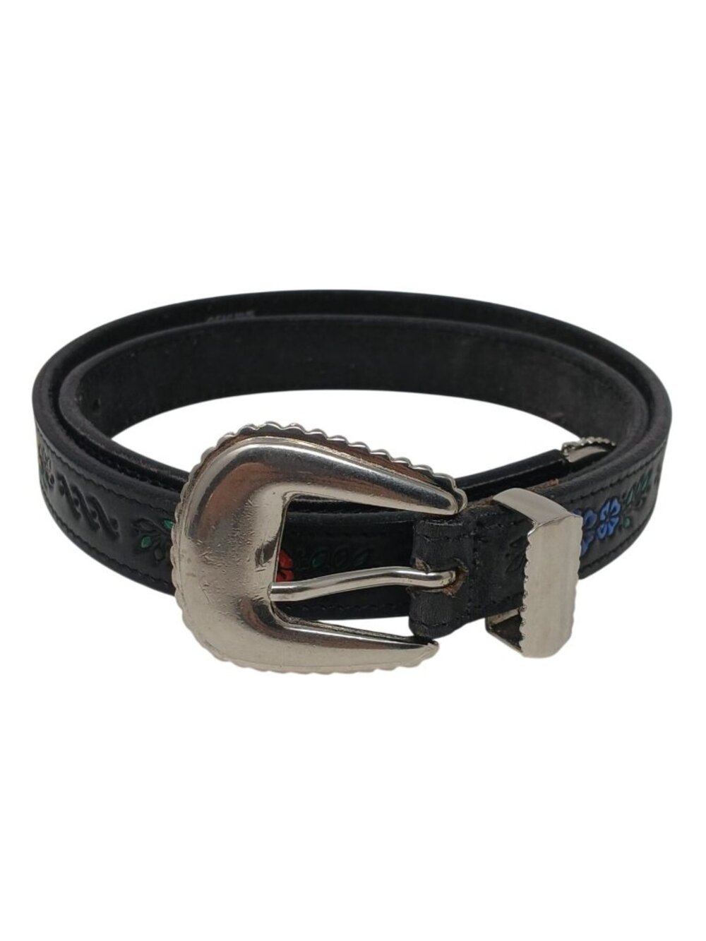 Leather Belt L32 Multicolor Floral Embossed Silvertone Metal Buckle Made USA I12